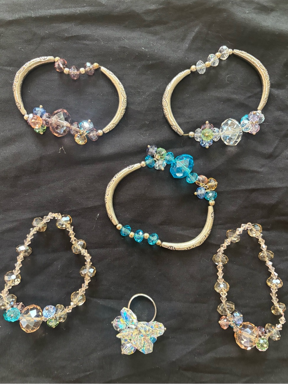Crystal Beaded Silver-Tone  5 Bracelet Set - Multicolor with ring